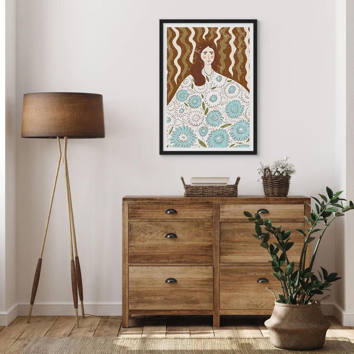 Póster en marco negro - Retrato con túnica de flores - 61x91 cm