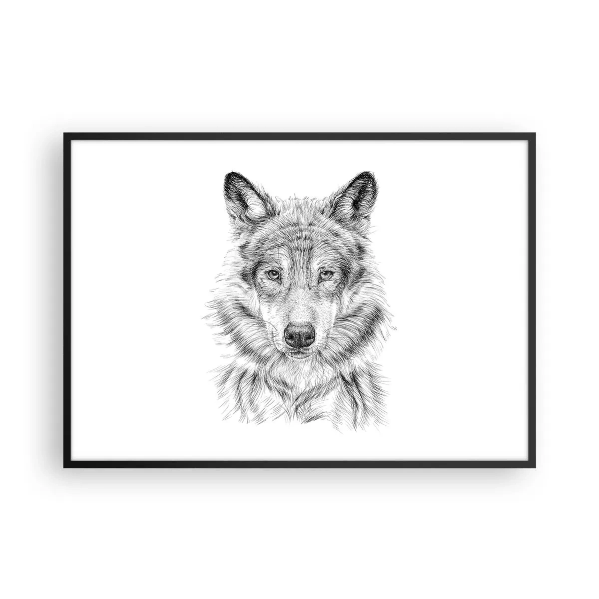 Póster en marco negro - Boceto de una cabeza de lobo en estilo monocromático sobre fondo blanco. - 100x70cm - Un líder nato - Decoración de pared moderna para salón y dormitorio ARTTOR