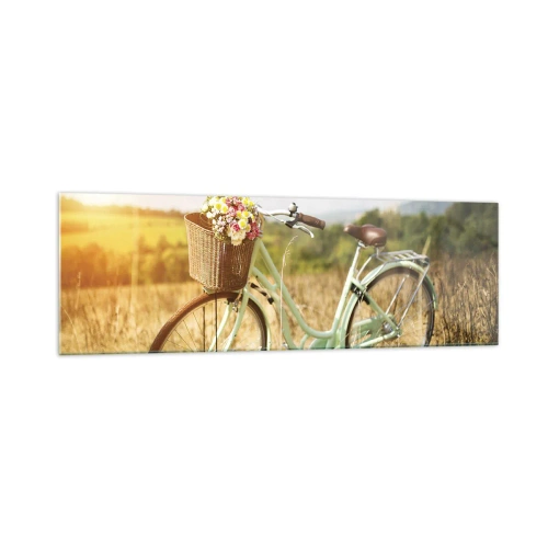 Cuadro sobre vidrio - Impresiones sobre Vidrio - Una bicicleta retro con una cesta llena de flores sobre un fondo de pradera. - 160x50cm - Me quedaré aquí un tiempo - Decoración de pared moderna para salón y dormitorio ARTTOR