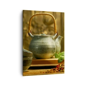 Cuadro sobre lienzo - Impresión de Imagen - Jarra de cerámica con tazas y té seco. - 50x70cm - Tratado sobre el consumo de té - Decoración de pared moderna para salón y dormitorio ARTTOR