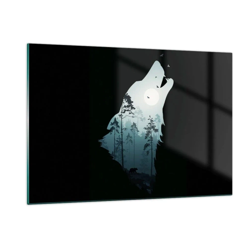 Cuadro sobre vidrio - Impresiones sobre Vidrio - Silueta de un lobo con un bosque y la luna al fondo sobre un fondo negro - 120x80cm - Voz de la noche del bosque - Decoración de pared moderna para salón y dormitorio ARTTOR