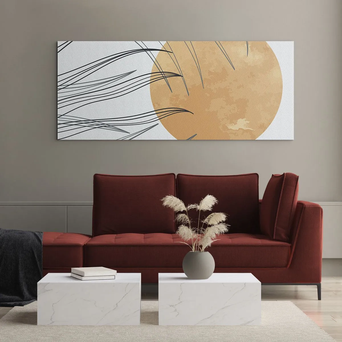 Cuadro sobre vidrio - Impresiones sobre Vidrio - Hojas de hierba abstractas contra el fondo de un gran sol naranja - 120x50cm - Siempre hacia el sol - Decoración de pared moderna para salón y dormitorio ARTTOR