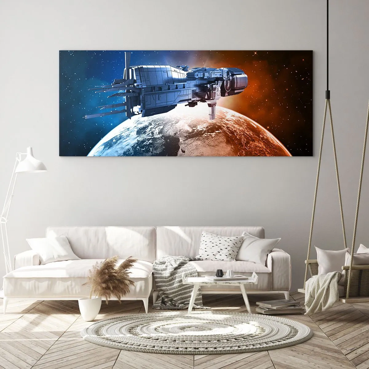Cuadro sobre vidrio - Impresiones sobre Vidrio - Una nave espacial con un planeta en el espacio como telón de fondo. - 140x50cm - Un observador atento - Decoración de pared moderna para salón y dormitorio ARTTOR