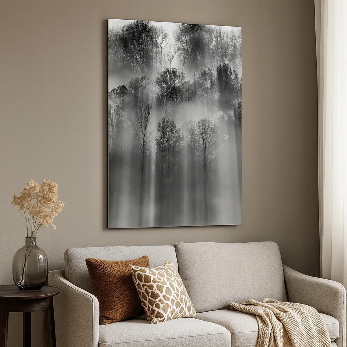 Cuadro sobre lienzo - Impresión de Imagen - Bosque blanco y negro a la luz de la mañana. - 50x70cm - En los flujos de luz - Decoración de pared moderna para salón y dormitorio ARTTOR