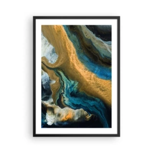 Póster en marco negro - Una composición abstracta en tonos dorados y azules. - 50x70cm - Azul - amarillo - influencia mutua - Decoración de pared moderna para salón y dormitorio ARTTOR