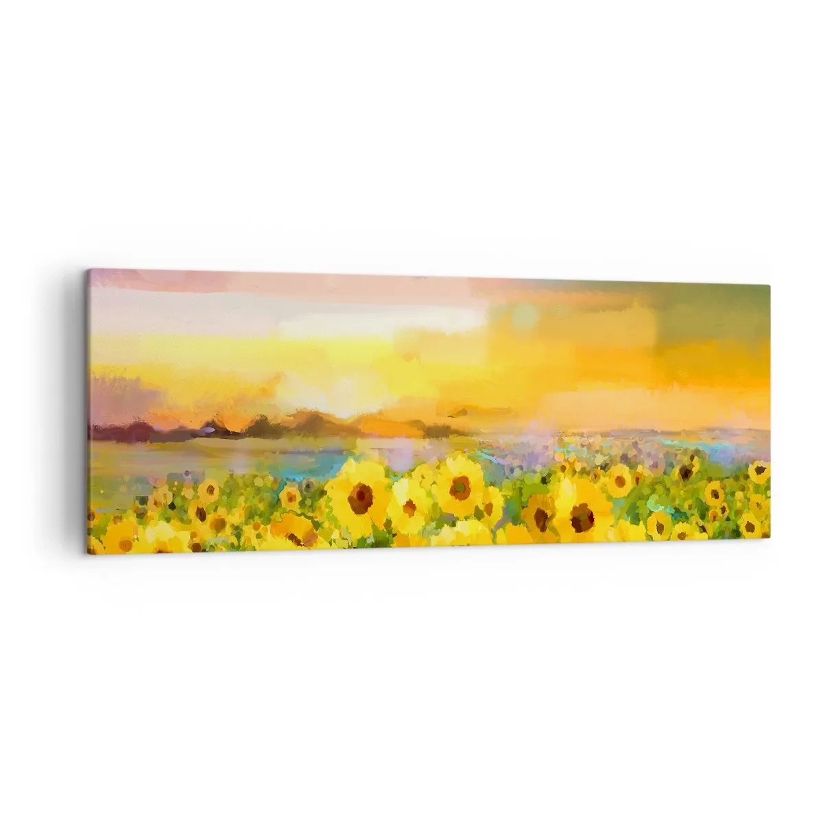Cuadro sobre lienzo - Impresión de Imagen - Un campo de girasoles a la luz del sol poniente. - 140x50cm - El propio sol ha bajado a la Tierra - Decoración de pared moderna para salón y dormitorio ARTTOR