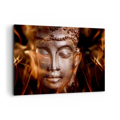 Cuadro sobre lienzo - Impresión de Imagen - Una estatua de Buda en medio de llamas de tonos dorados. - 120x80cm - Solo existe el aquí y el ahora - Decoración de pared moderna para salón y dormitorio ARTTOR