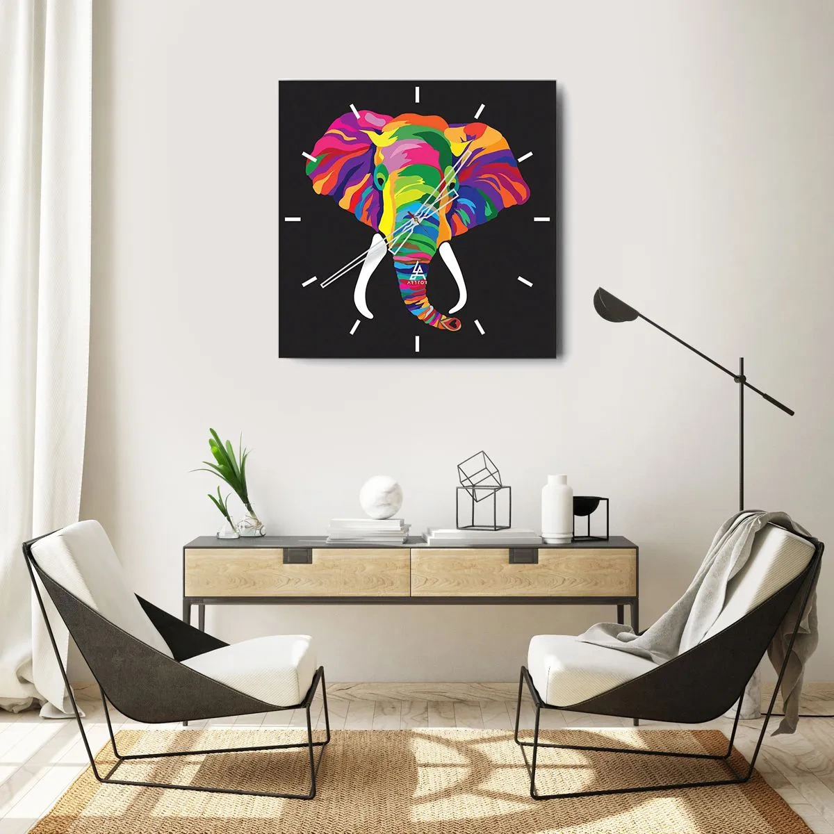 Reloj de pared - Reloj de vidrio - El elefante al que le gustaba bañarse en el arco iris - 30x30 cm
