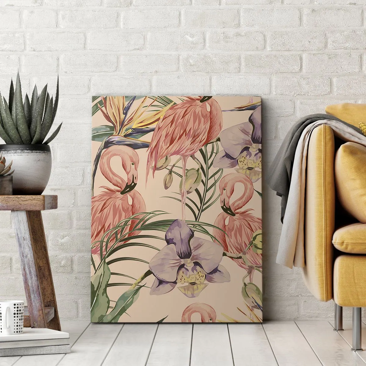 Cuadro sobre lienzo - Impresión de Imagen - Flamencos y flores tropicales sobre un fondo claro. - 50x70cm - Un ballet rosa en flores - Decoración de pared moderna para salón y dormitorio ARTTOR