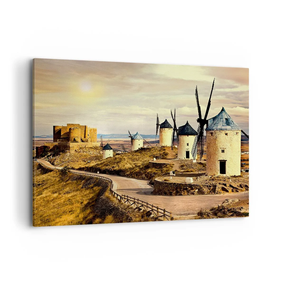 Cuadro sobre lienzo - Impresión de Imagen - Molinos de viento en las colinas con un castillo histórico al fondo - 120x80cm - Don Quijote los vio - Decoración de pared moderna para salón y dormitorio ARTTOR