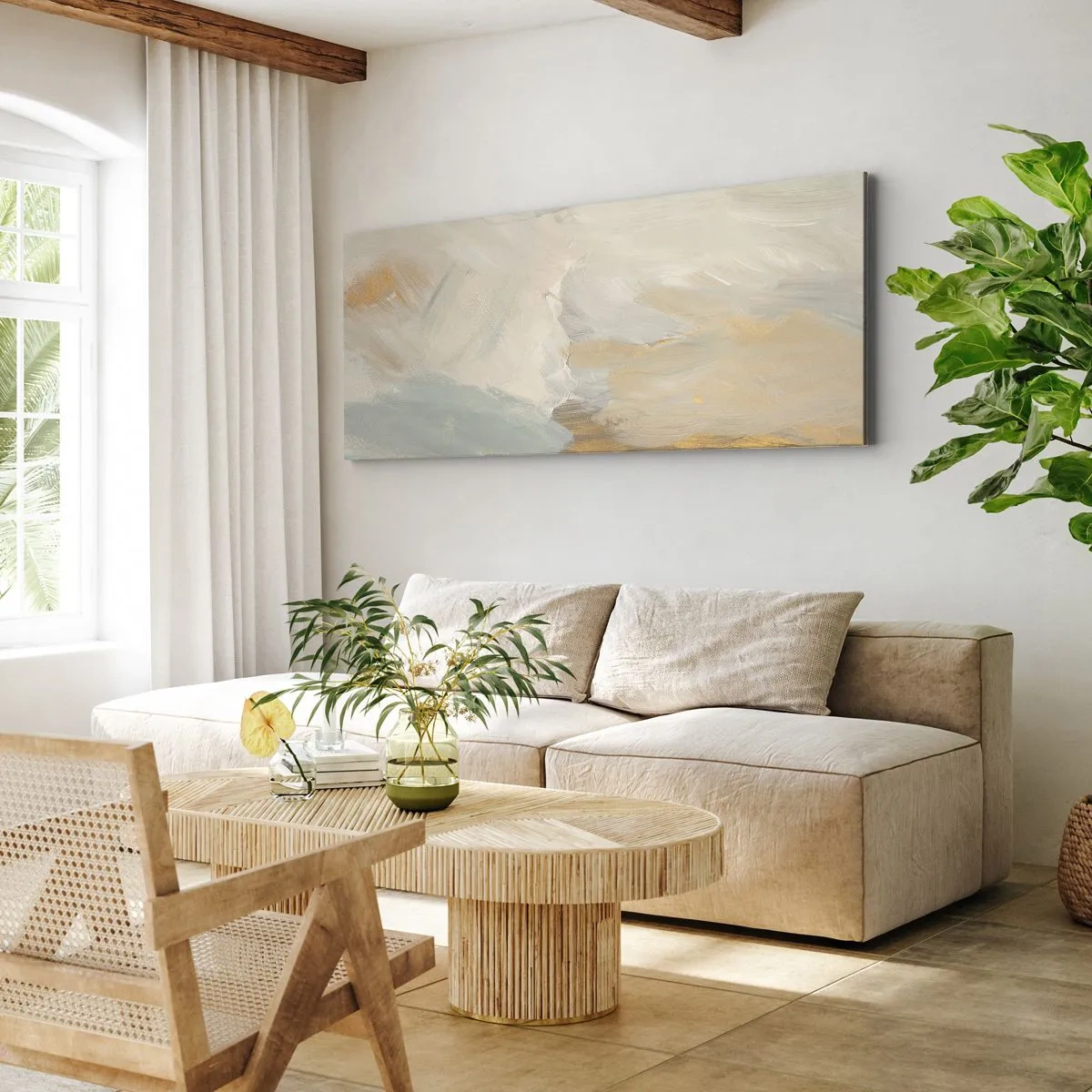 Cuadro sobre lienzo - Impresión de Imagen - Delicados trazos abstractos en tonos blancos y dorados. - 160x50cm - Abstracción - una tierra de dulzura - Decoración de pared moderna para salón y dormitorio ARTTOR