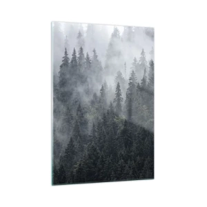 Cuadro sobre vidrio - Impresiones sobre Vidrio - Niebla que se cierne sobre el denso bosque de coníferas por la mañana. - 50x70cm - Amanecer en el bosque - Decoración de pared moderna para salón y dormitorio ARTTOR