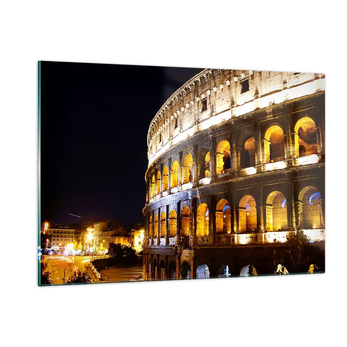 Cuadro sobre vidrio - Impresiones sobre Vidrio - El Coliseo de noche con arcos iluminados - 120x80cm - Los juegos están a punto de comenzar - Decoración de pared moderna para salón y dormitorio ARTTOR