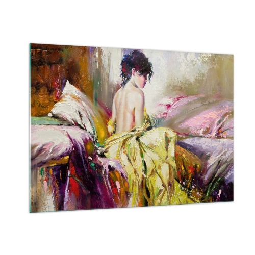 Cuadro sobre vidrio - Impresiones sobre Vidrio - Una mujer con un vestido amarillo sentada en una cama en estilo impresionista. - 100x70cm - La hermosura y frescura de la flor - Decoración de pared moderna para salón y dormitorio ARTTOR