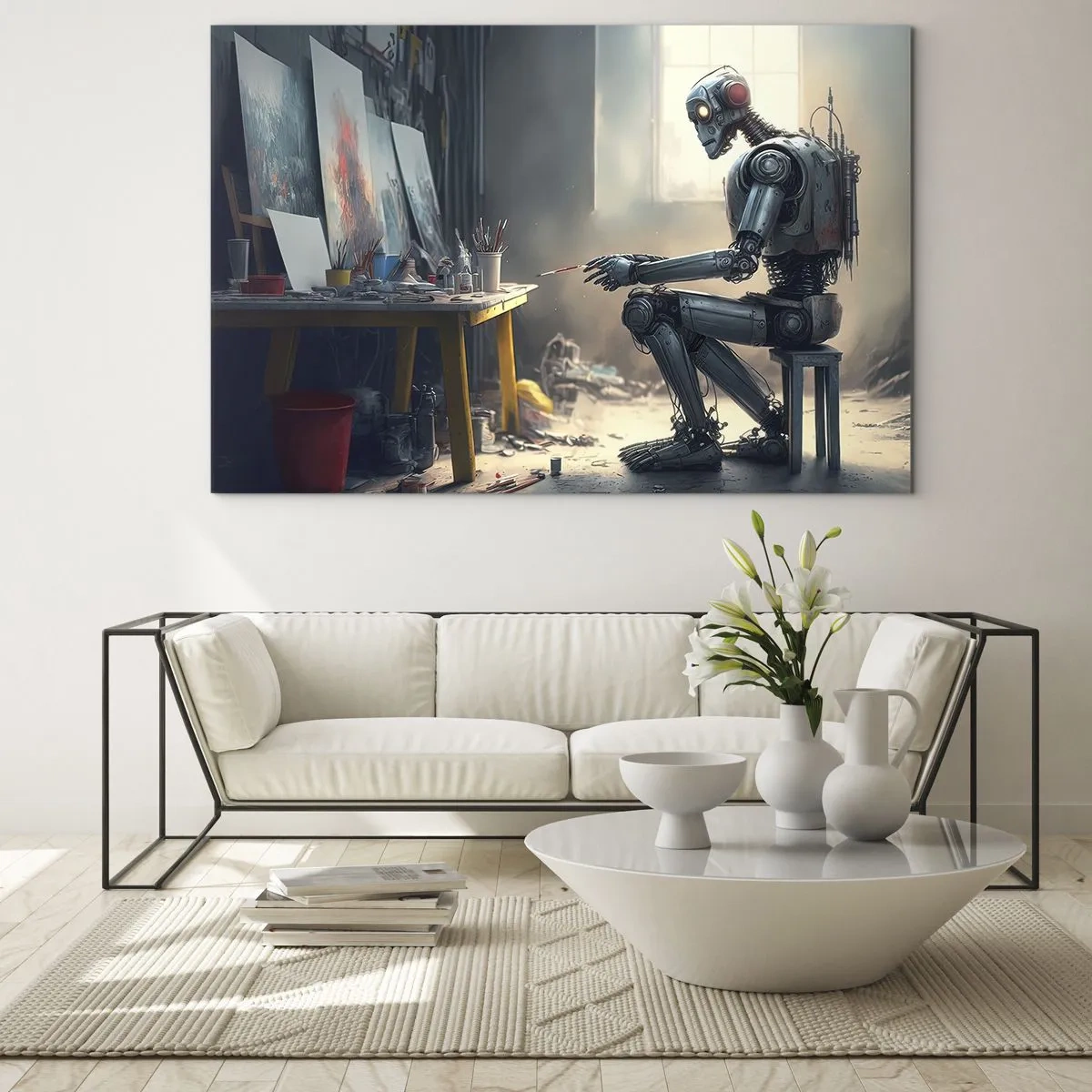 Cuadro sobre vidrio - Impresiones sobre Vidrio - Un robot pintando cuadros en un estudio de arte. - 70x50cm - El acto de creación - Decoración de pared moderna para salón y dormitorio ARTTOR