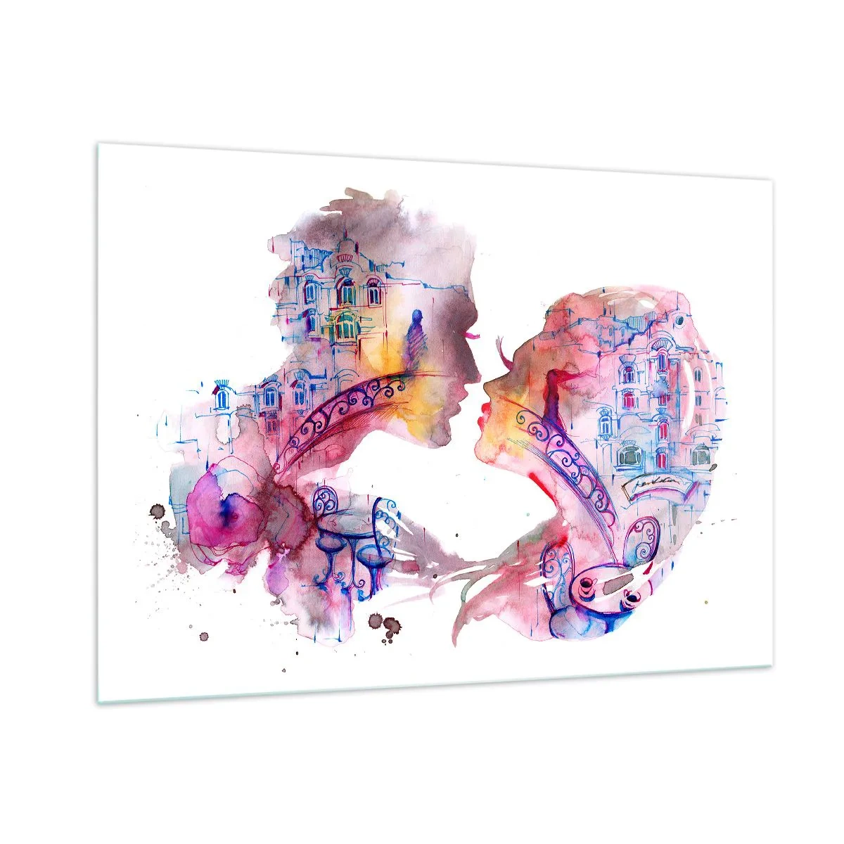 Cuadro sobre vidrio - Impresiones sobre Vidrio - Ilustración de un retrato abstracto de dos personas en forma de corazón. - 100x70cm - Un puente secreto de suspiros - Decoración de pared moderna para salón y dormitorio ARTTOR