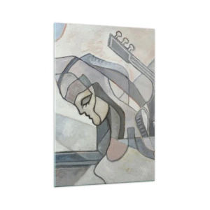Cuadro sobre vidrio - Impresiones sobre Vidrio - Una figura abstracta con una guitarra en colores pastel. - 70x100cm - En el poder de la música - Decoración de pared moderna para salón y dormitorio ARTTOR