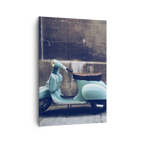 Cuadro sobre lienzo - Impresión de Imagen - Un scooter retro estacionado contra un muro de piedra. - 70x100cm - Momentos inolvidables - Decoración de pared moderna para salón y dormitorio ARTTOR