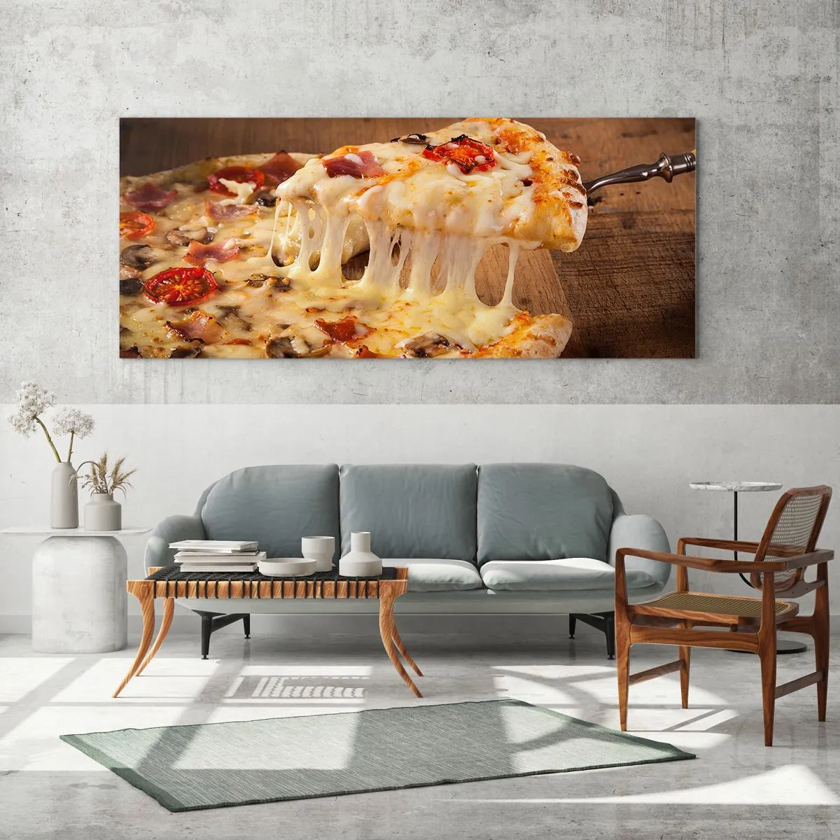 Cuadro sobre vidrio - Impresiones sobre Vidrio - Pizza con queso fibroso - 140x50cm - Una obra maestra del arte italiano - Decoración de pared moderna para salón y dormitorio ARTTOR