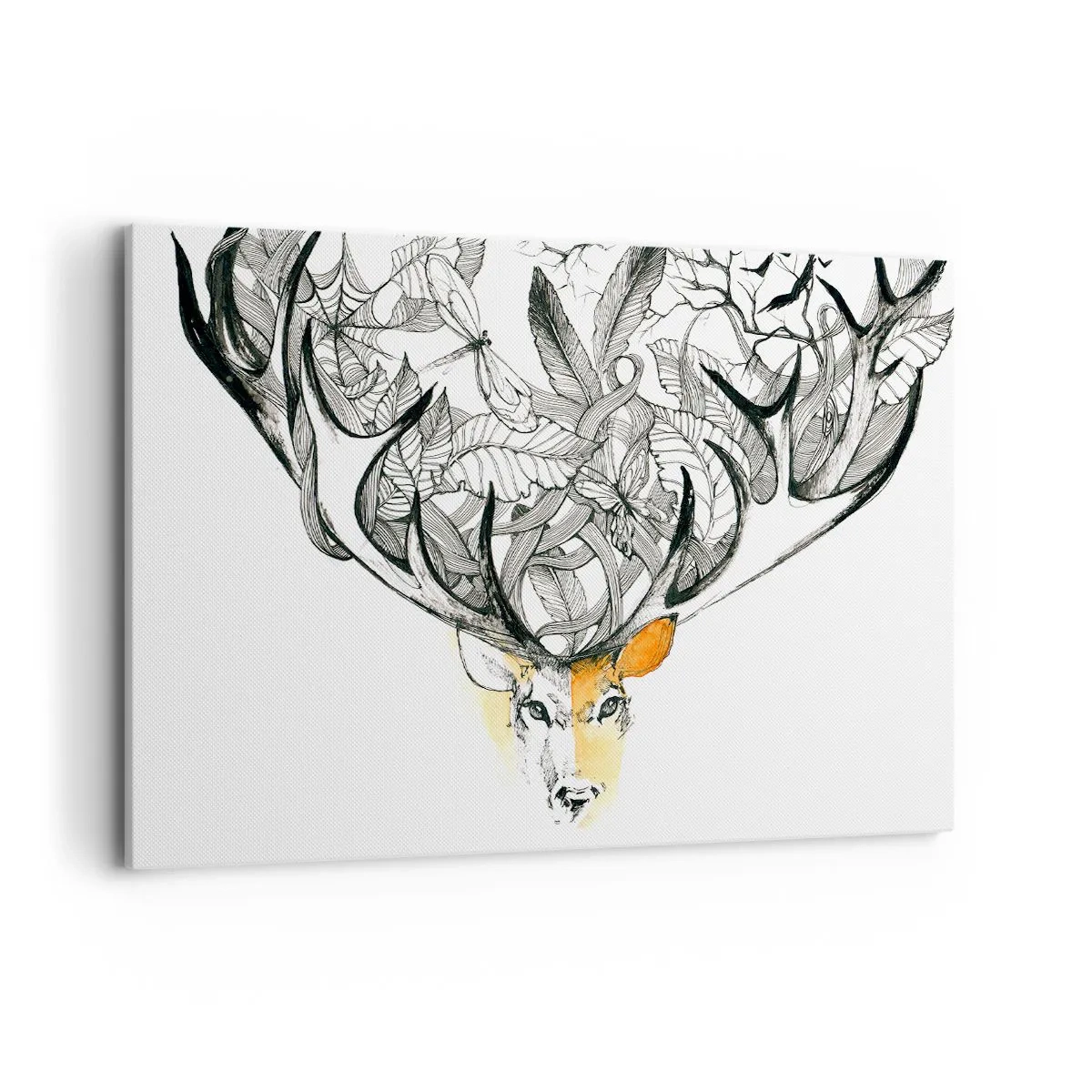 Cuadro sobre lienzo - Impresión de Imagen - Gráfico sutil de ciervo con astas decorativas. - 120x80cm - Cuernos de la abundancia - Decoración de pared moderna para salón y dormitorio ARTTOR