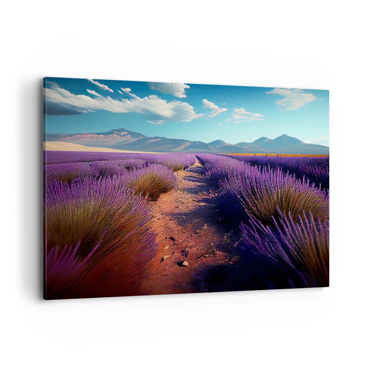 Cuadro sobre lienzo - Impresión de Imagen - Un campo de lavanda con vistas a las montañas y al cielo azul. - 120x80cm - Campos fragantes - Decoración de pared moderna para salón y dormitorio ARTTOR