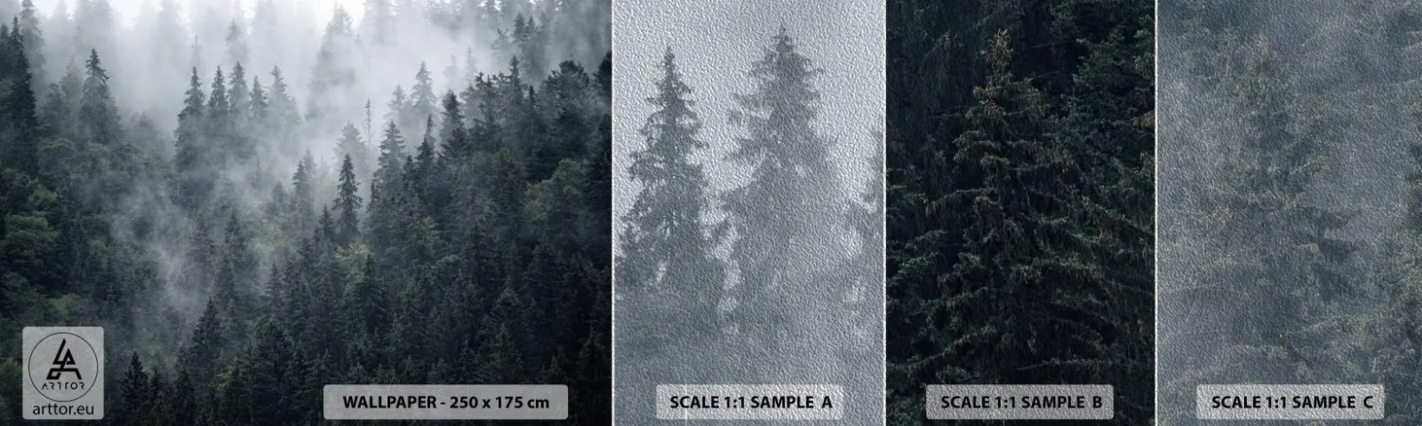 Muestra de fotomural Premium Sand - Amanecer en el bosque - Paisaje, Bosque, Naturaleza - 100x30 cm