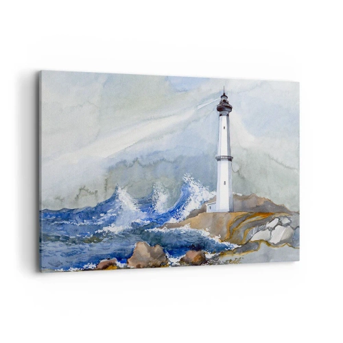 Cuadro sobre lienzo - Impresión de Imagen - Un faro en una costa rocosa con mar agitado. - 120x80cm - Contra la oscuridad y la tormenta - Decoración de pared moderna para salón y dormitorio ARTTOR