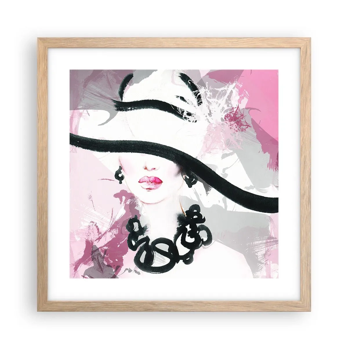 Póster en marco roble claro - Retrato de una dama en negro y rosa - 40x40 cm