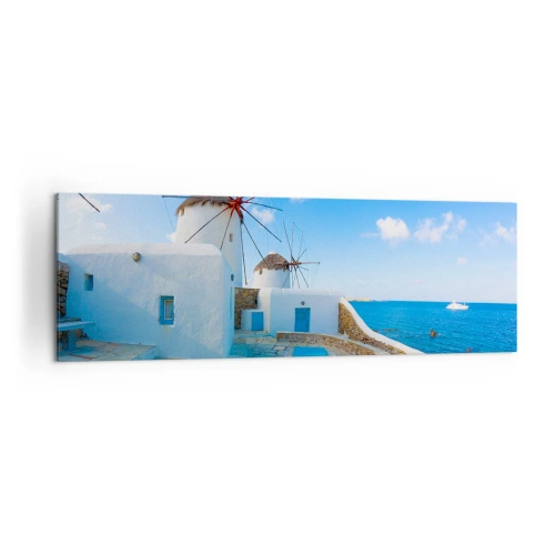 Cuadro sobre lienzo - Impresión de Imagen - Molinos de viento blancos en las orillas del mar azul - 160x50cm - Viento azul marino - Decoración de pared moderna para salón y dormitorio ARTTOR