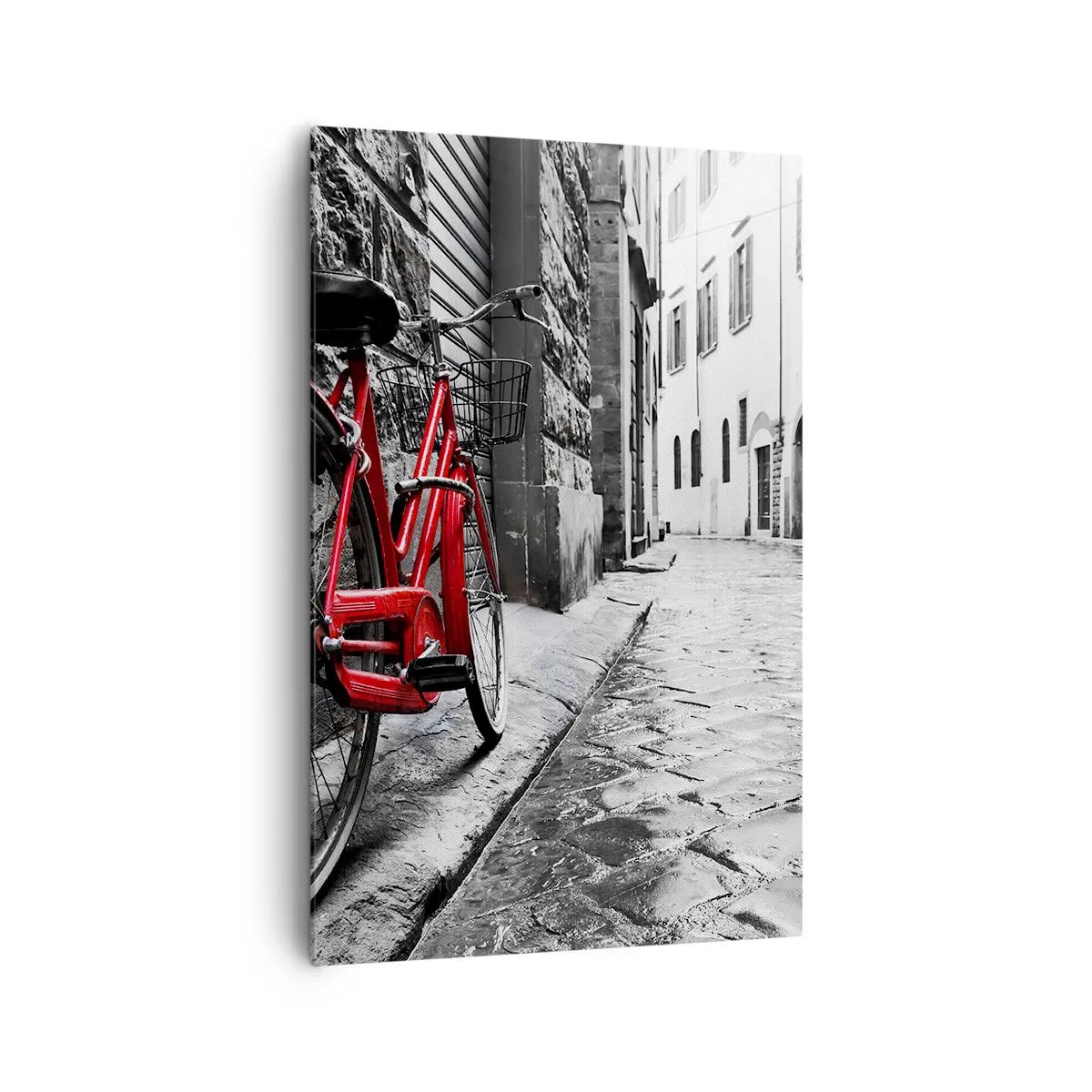 Cuadro sobre lienzo - Impresión de Imagen - Bicicleta roja en una calle en blanco y negro - 80x120cm - La verdadera belleza no envejece - Decoración de pared moderna para salón y dormitorio ARTTOR