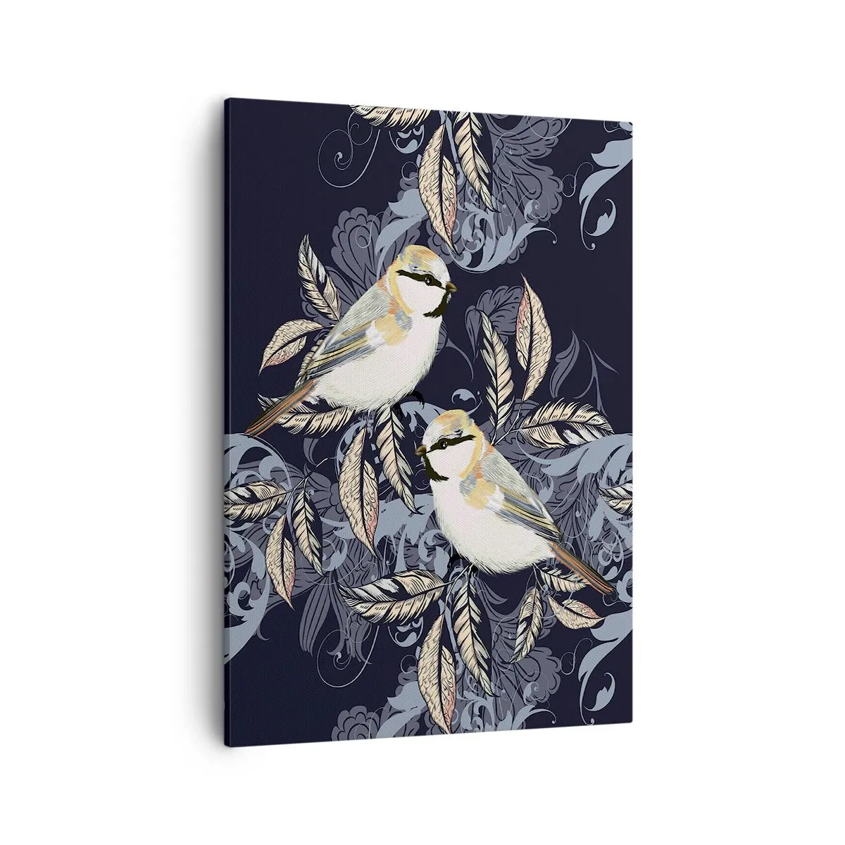 Cuadro sobre lienzo - Impresión de Imagen - Pájaros en ramas sobre un fondo ornamental. - 50x70cm - En la copa del árbol - Decoración de pared moderna para salón y dormitorio ARTTOR