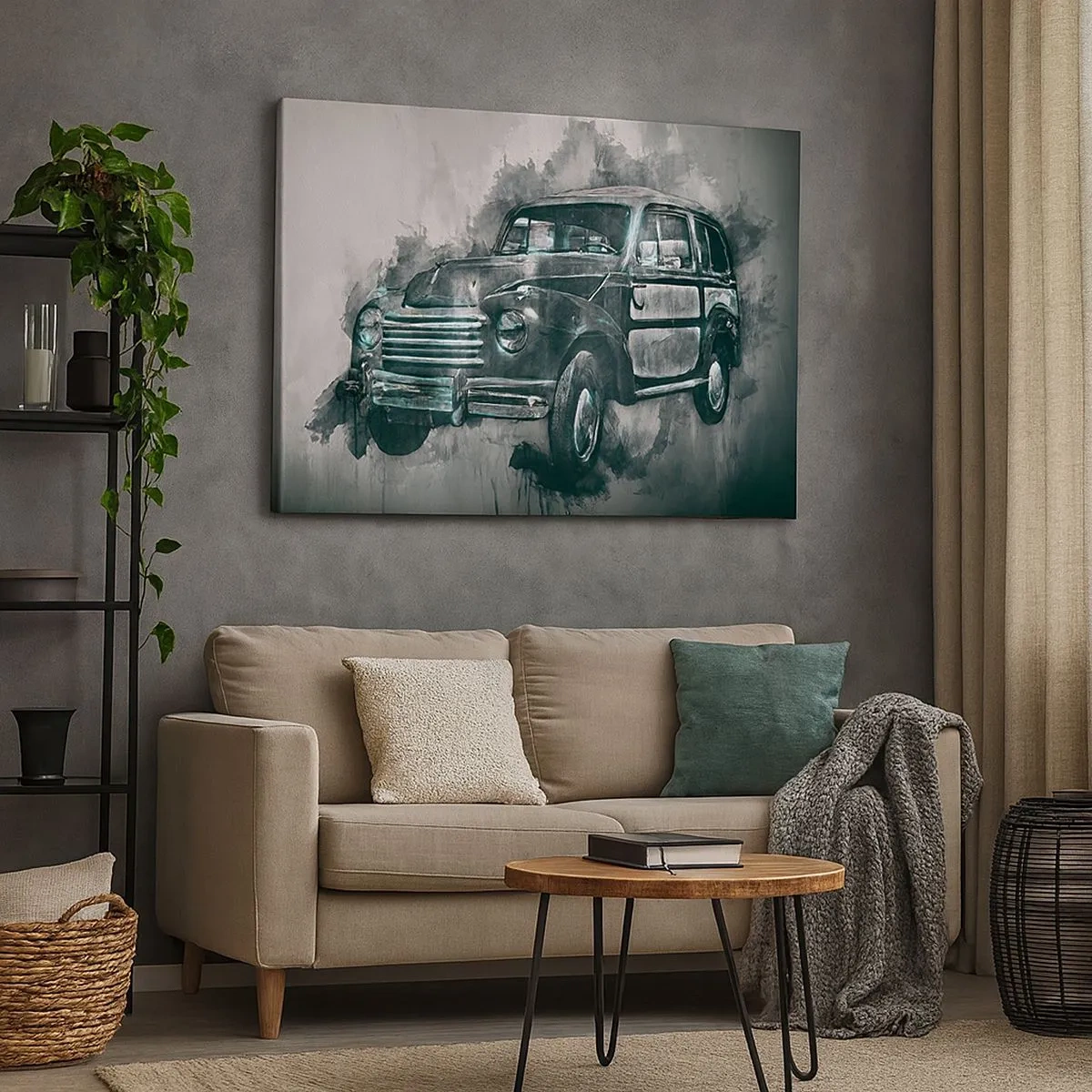 Cuadro sobre lienzo - Impresión de Imagen - Un coche retro clásico con un fondo artístico. - 70x50cm - Antepasado respetable - Decoración de pared moderna para salón y dormitorio ARTTOR