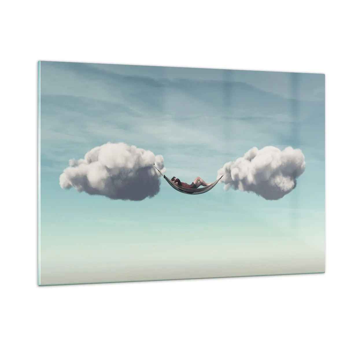 Cuadro sobre vidrio - Impresiones sobre Vidrio - Hamacas de nubes en un cielo azul - 120x80cm - La felicidad del momento - Decoración de pared moderna para salón y dormitorio ARTTOR