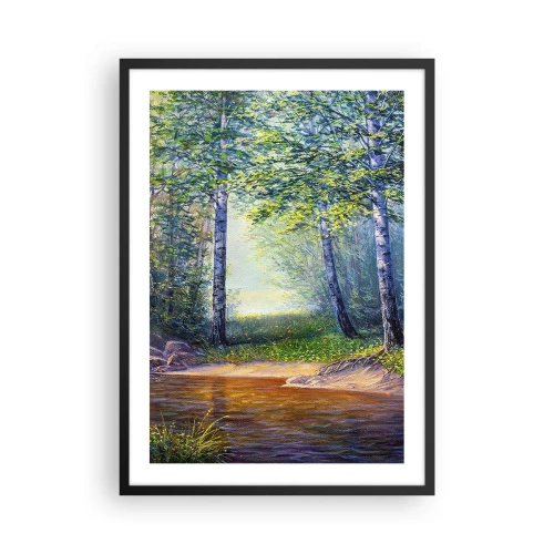 Póster en marco negro - Un claro del bosque con abedules y un arroyo bajo los rayos del sol. - 50x70cm - Paisaje idílico - Decoración de pared moderna para salón y dormitorio ARTTOR