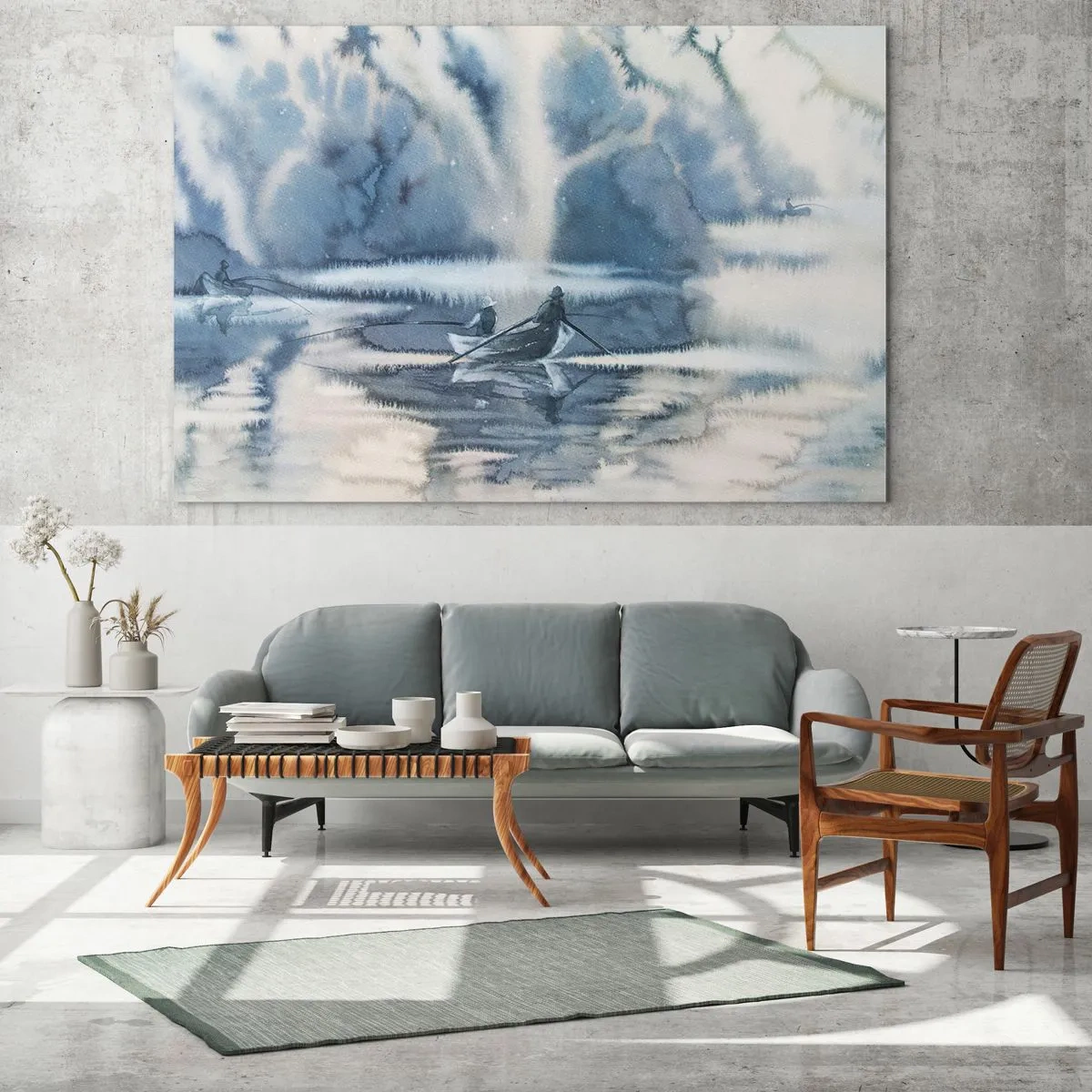 Cuadro sobre vidrio - Impresiones sobre Vidrio - Dos pescadores en un barco rodeado de un paisaje brumoso. - 120x80cm - Pescadores en su paraíso - Decoración de pared moderna para salón y dormitorio ARTTOR