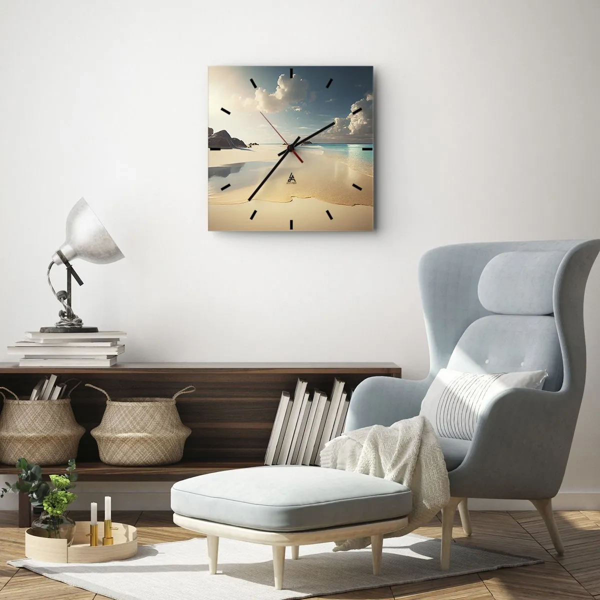 Reloj de pared - Reloj de vidrio - Una playa soleada con mar azul y rocas. - 30x30cm - Un día de ensueño - Decoración de pared moderna para salón y dormitorio ARTTOR