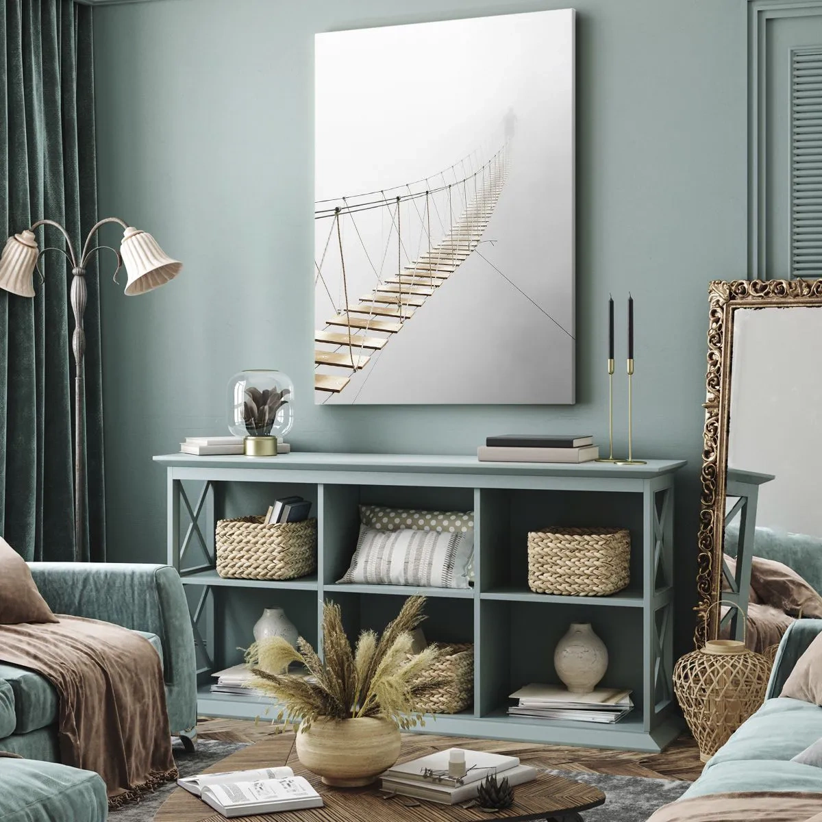 Cuadro sobre lienzo - Impresión de Imagen - Un puente colgante en la niebla desde una perspectiva minimalista - 80x120cm - ¿Adónde le llevará? - Decoración de pared moderna para salón y dormitorio ARTTOR