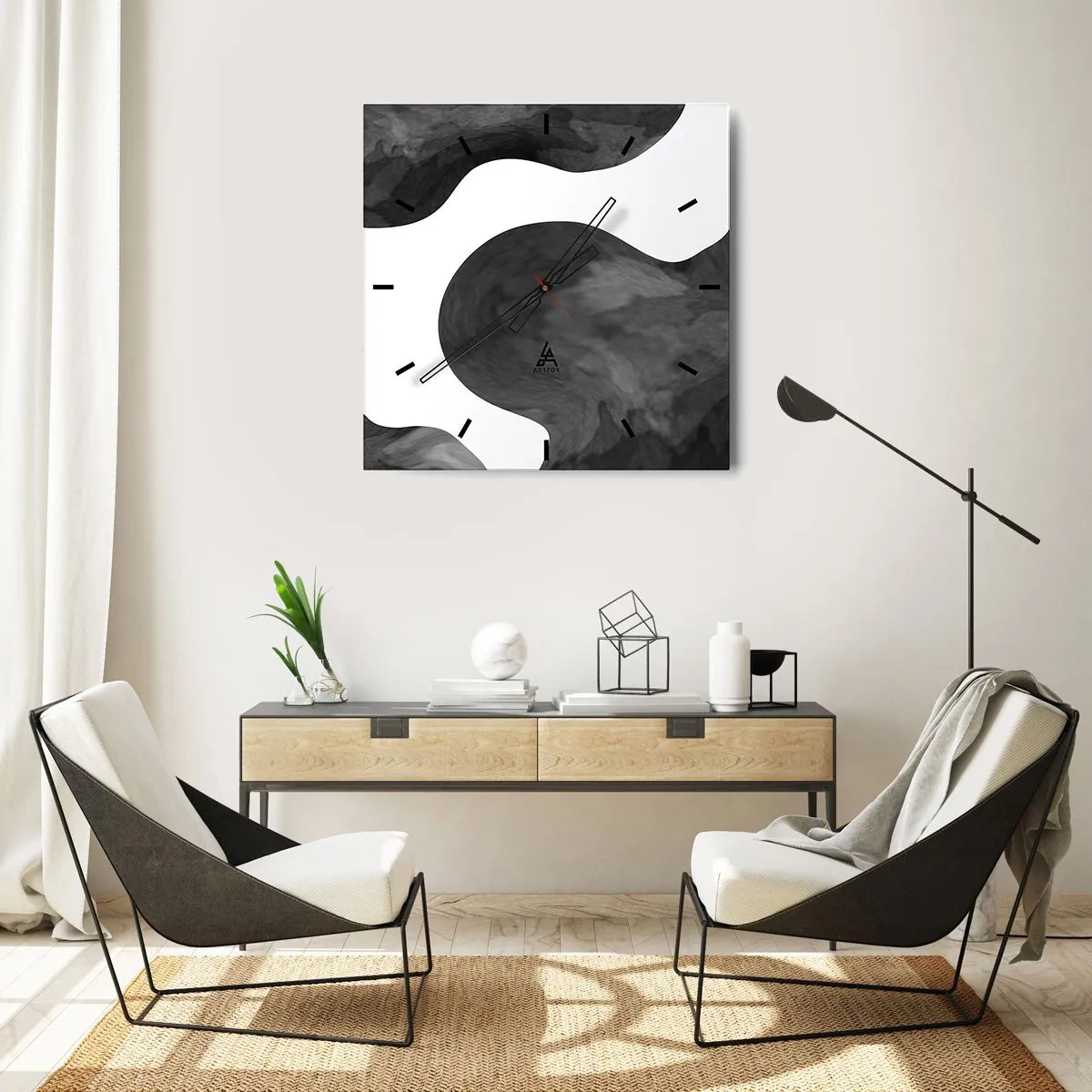 Reloj de pared - Reloj de vidrio - El blanco fluye sobre el negro - 40x40 cm
