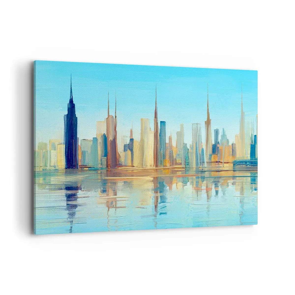 Cuadro sobre lienzo - Impresión de Imagen - Un panorama de la ciudad en colores cálidos con reflejo en el agua. - 100x70cm - Metrópolis soleada - Decoración de pared moderna para salón y dormitorio ARTTOR