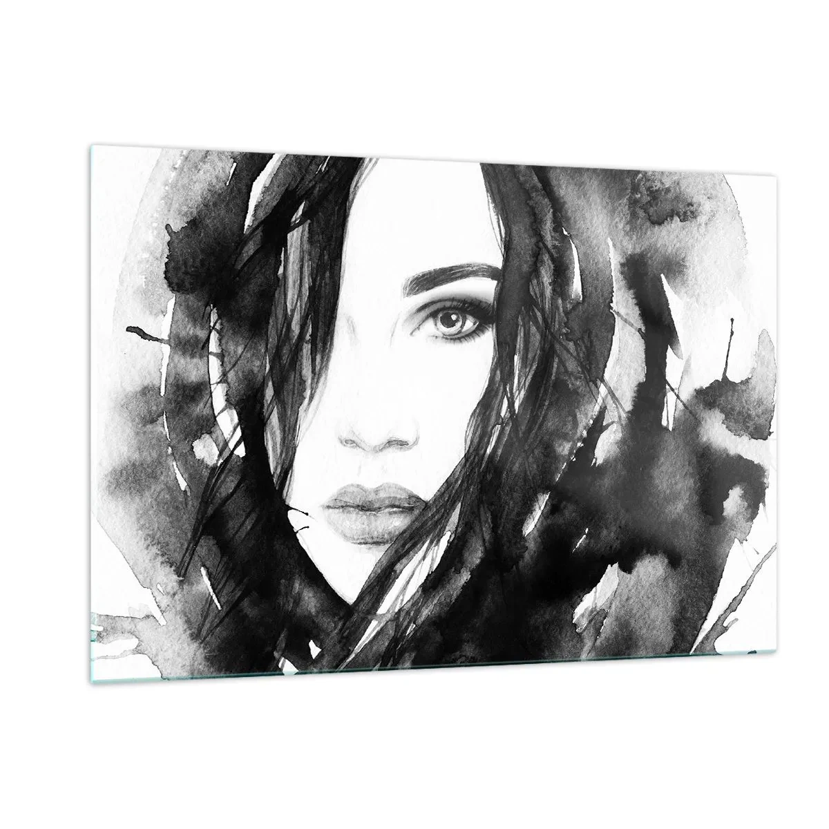 Cuadro sobre vidrio - Impresiones sobre Vidrio - Retratos femeninos en acuarela en blanco y negro - 120x80cm - Retrato de una dama en blanco y negro - Decoración de pared moderna para salón y dormitorio ARTTOR