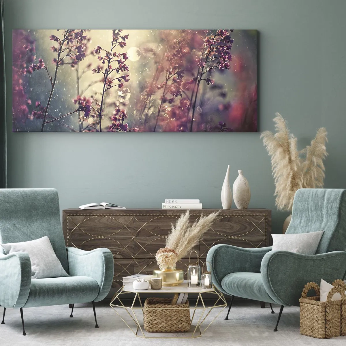 Cuadro sobre lienzo - Impresión de Imagen - Flores a la luz del sol con la naturaleza como telón de fondo - 140x50cm - Jardín secreto - Decoración de pared moderna para salón y dormitorio ARTTOR