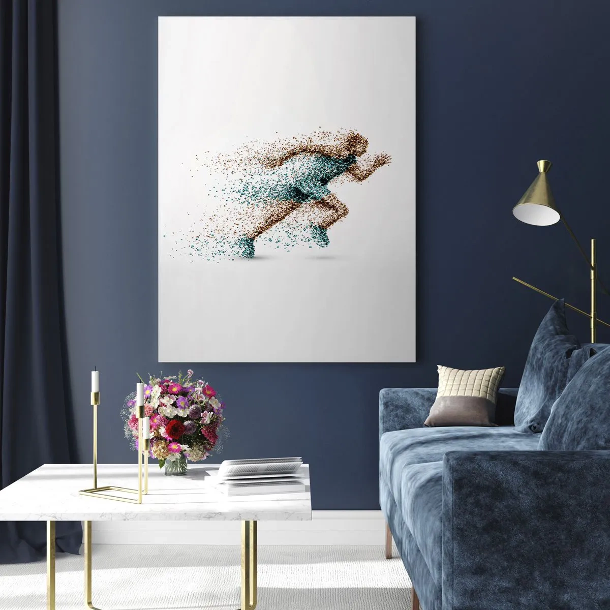 Cuadro sobre vidrio - Impresiones sobre Vidrio - Una figura de corredor dinámica compuesta de pequeñas partículas. - 70x100cm - La vida es una carrera - Decoración de pared moderna para salón y dormitorio ARTTOR