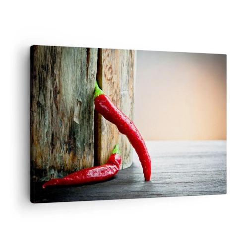 Cuadro sobre lienzo - Impresión de Imagen - Dos chiles rojos sobre un fondo de madera con acento rústico. - 70x50cm - Pimientos rojos picantes - Decoración de pared moderna para salón y dormitorio ARTTOR