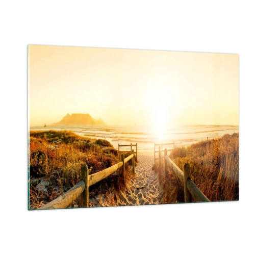 Cuadro sobre vidrio - Impresiones sobre Vidrio - Camino sobre la duna que conduce a la playa al atardecer - 120x80cm - A través de la duna, hacia el sol - Decoración de pared moderna para salón y dormitorio ARTTOR
