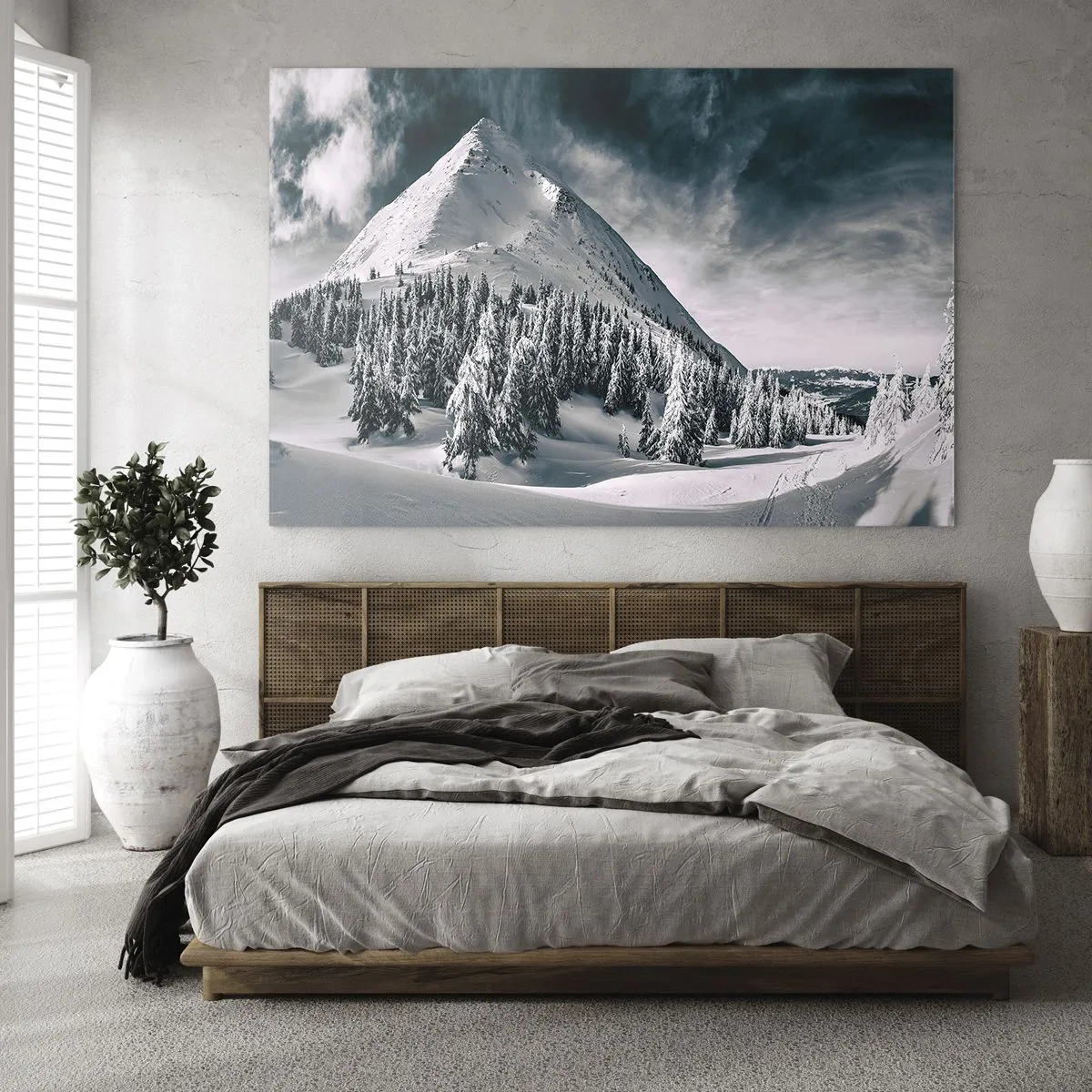 Cuadro sobre vidrio - Impresiones sobre Vidrio - Paisaje invernal de montaña con picos nevados y bosques. - 100x70cm - Tierra de nieve y hielo - Decoración de pared moderna para salón y dormitorio ARTTOR