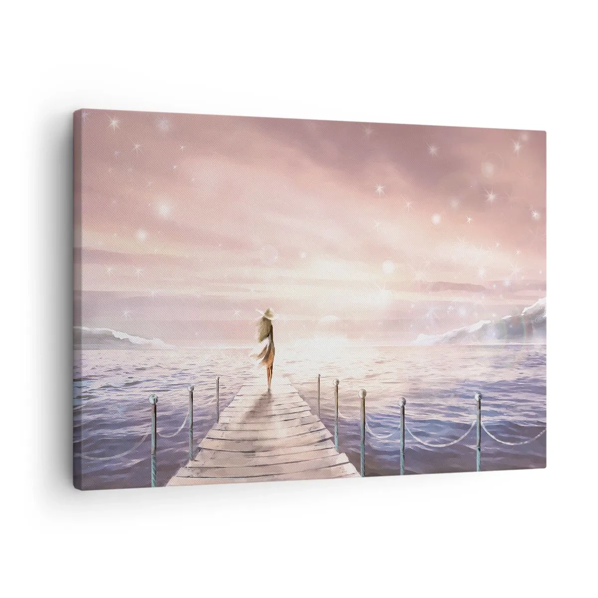 Cuadro sobre lienzo - Impresión de Imagen - Una mujer en un embarcadero en un entorno mágico de puesta de sol. - 70x50cm - A la luz de un sueño - Decoración de pared moderna para salón y dormitorio ARTTOR