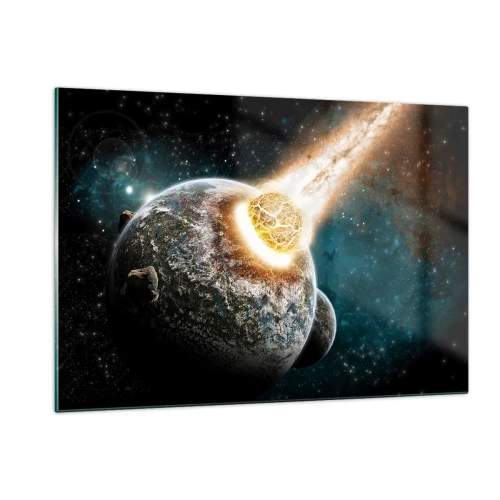 Cuadro sobre vidrio - Impresiones sobre Vidrio - Un planeta colisionando con un meteorito - 120x80cm - ¿Condena o nacimiento? - Decoración de pared moderna para salón y dormitorio ARTTOR