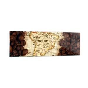 Cuadro sobre vidrio - Impresiones sobre Vidrio - Un mapa de Sudamérica rodeado de granos de café. - 160x50cm - ¿De dónde viene el mejor café? - Decoración de pared moderna para salón y dormitorio ARTTOR