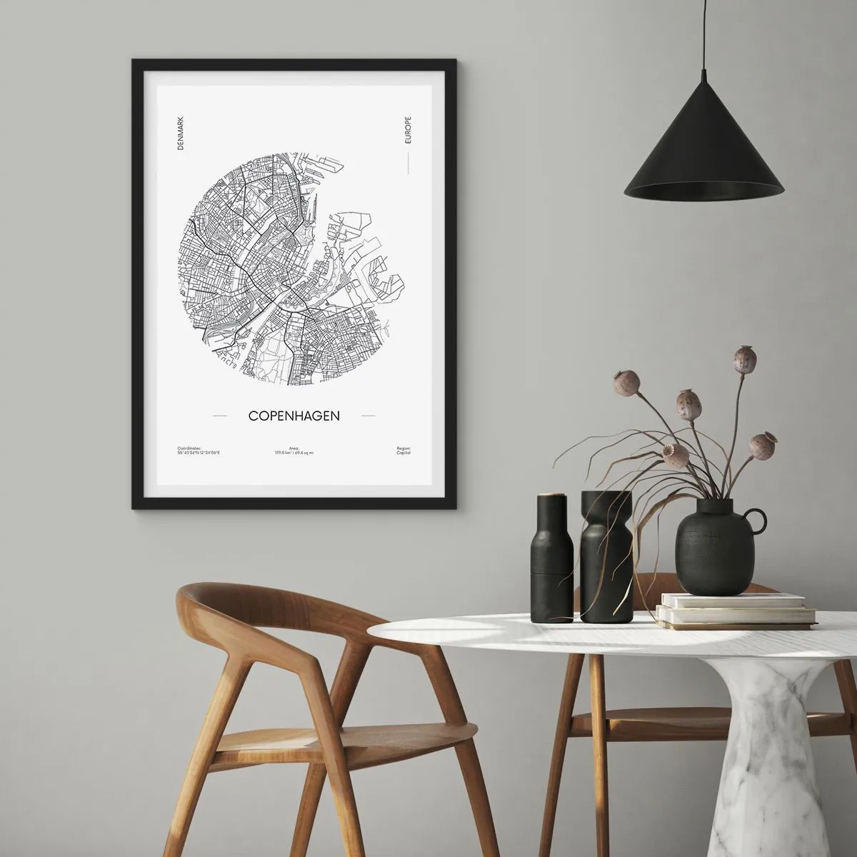 Póster en marco negro - Un mapa minimalista de Copenhague en blanco y negro. - 50x70cm - Anatomía de Copenhague - Decoración de pared moderna para salón y dormitorio ARTTOR