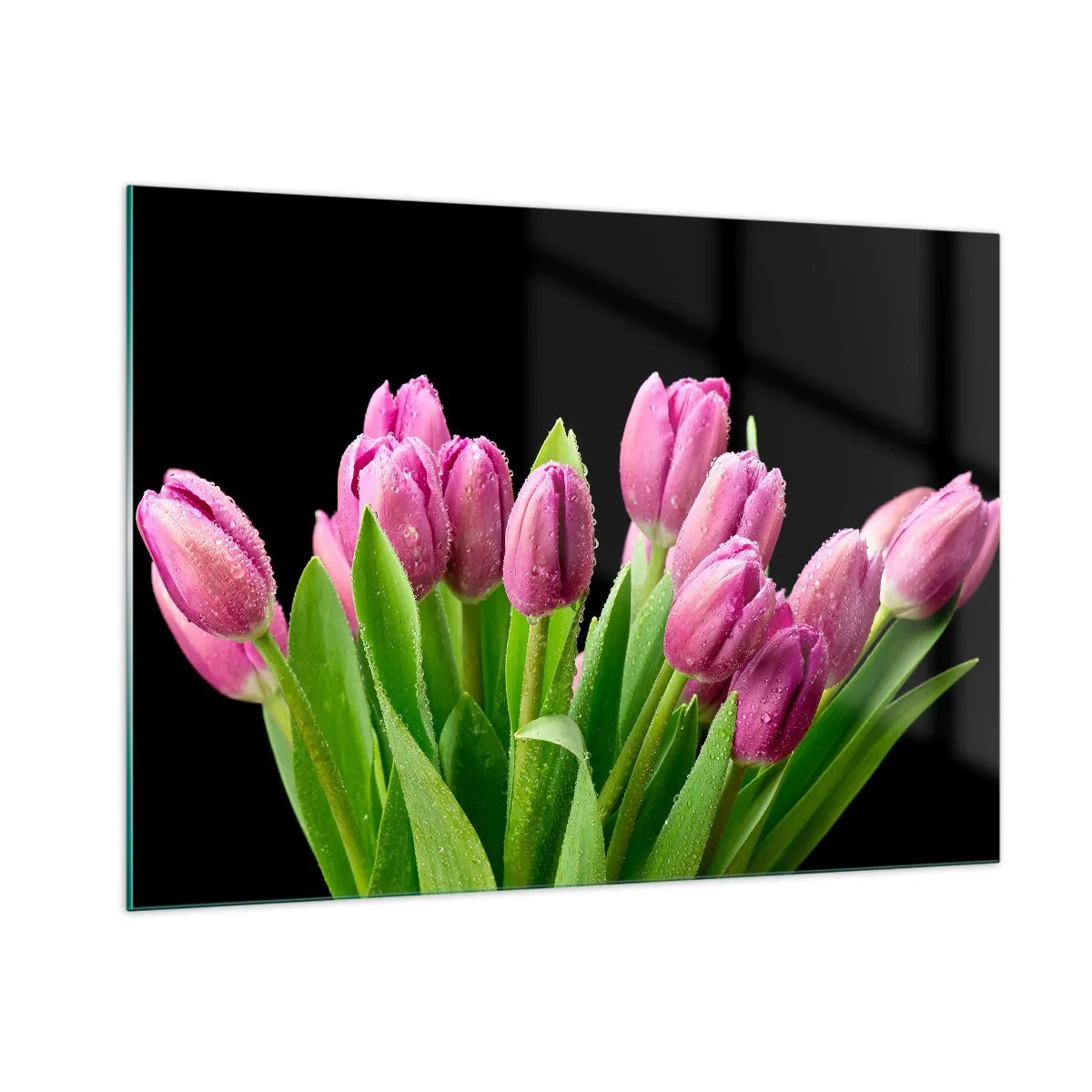 Cuadro sobre vidrio - Impresiones sobre Vidrio - Un ramo de tulipanes rosas cubiertos de gotas de agua sobre un fondo negro. - 100x70cm - La alegría de la primavera - Decoración de pared moderna para salón y dormitorio ARTTOR